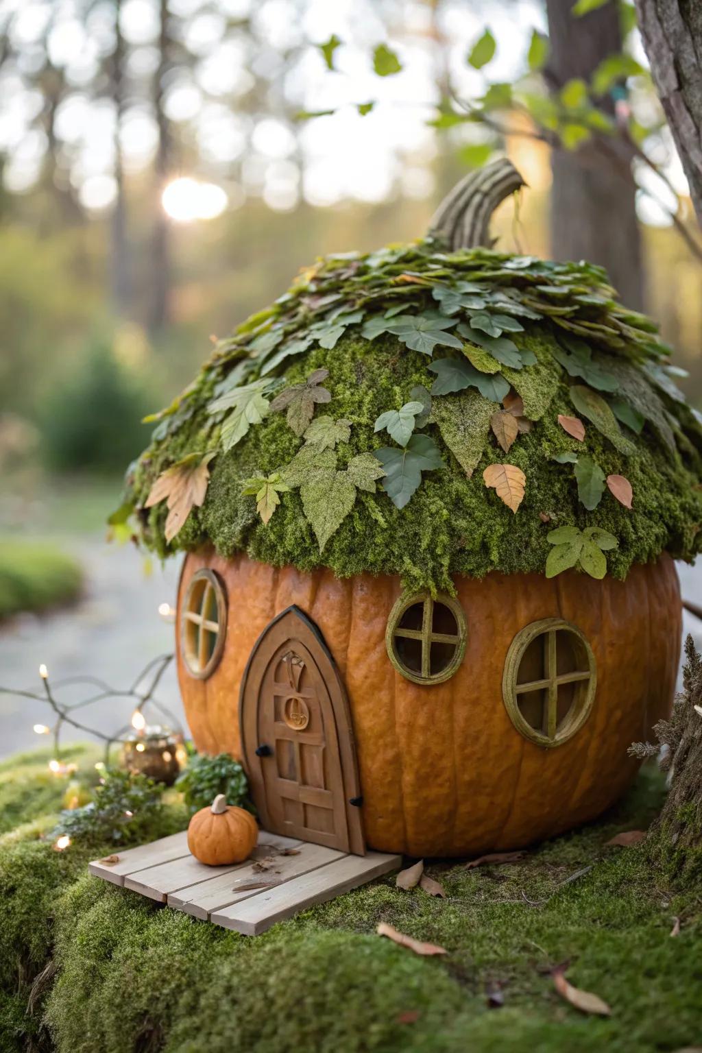 Transform your garden with this enchanting foliage-canopied pumpkin pixie residence.