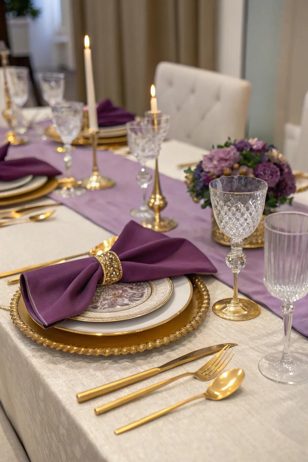 Purple and gold table decorations radiate refinement and extravagance.
