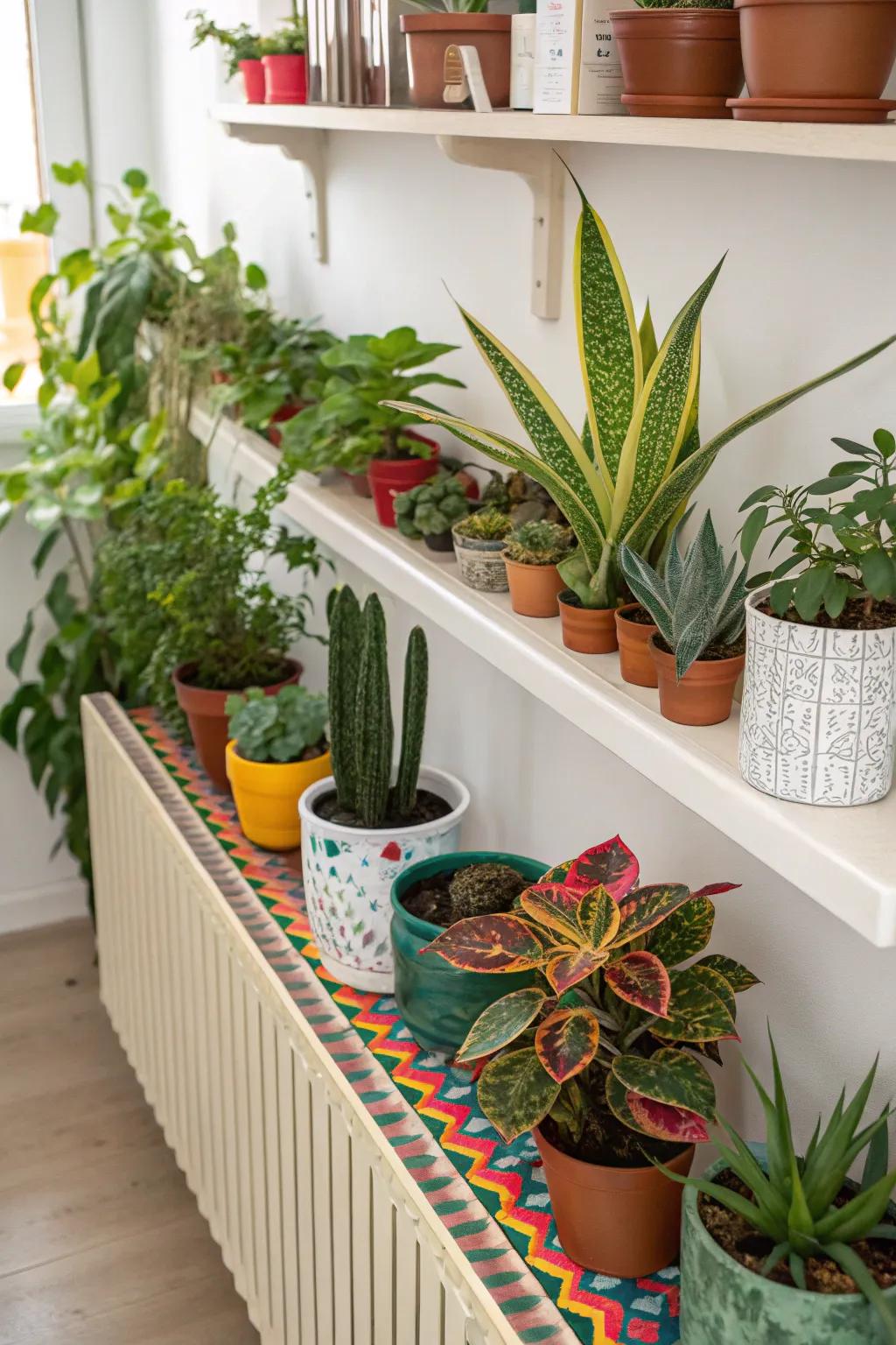 A botanical showcase on your radiator shelf livens up any room with color and life.