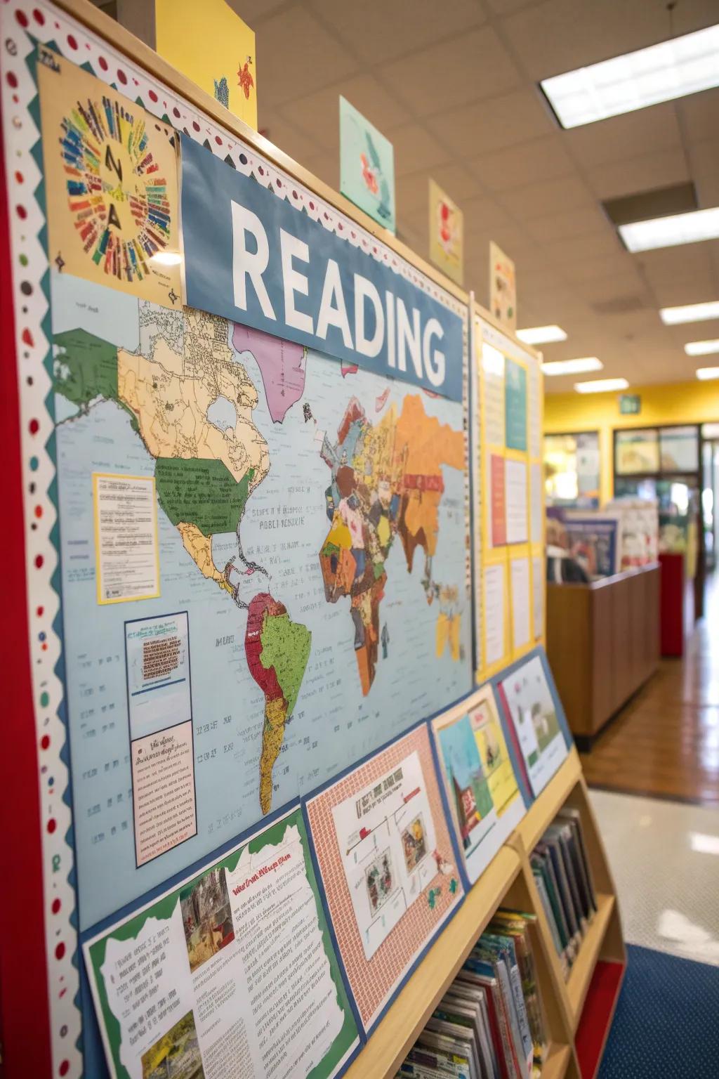 Directional signs and maps prompt readers to explore various book genres and literary territories.
