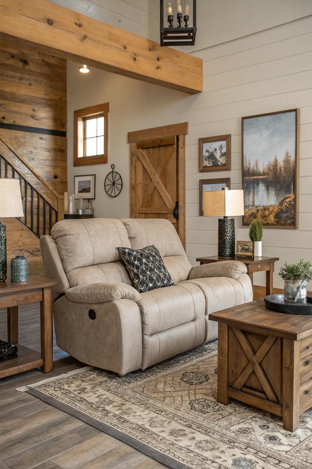 A seamless fusion of contemporary and rural constituents enveloping a reclining sofa.