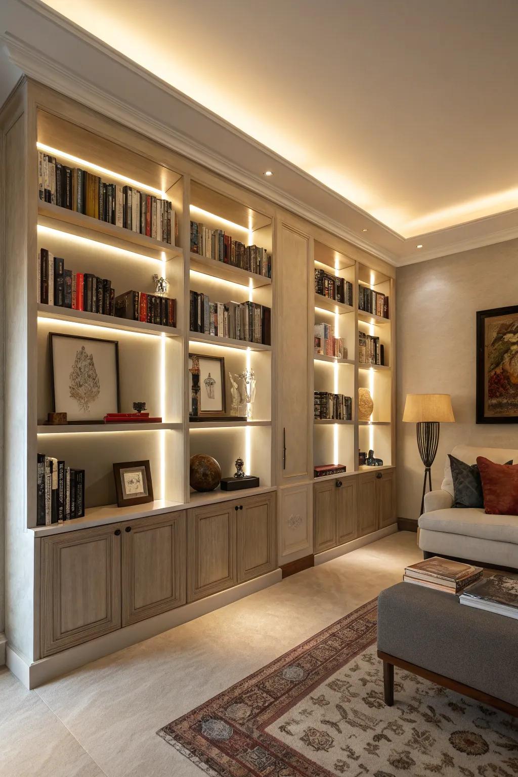 Towering shelves enhance height and sophistication in the area.