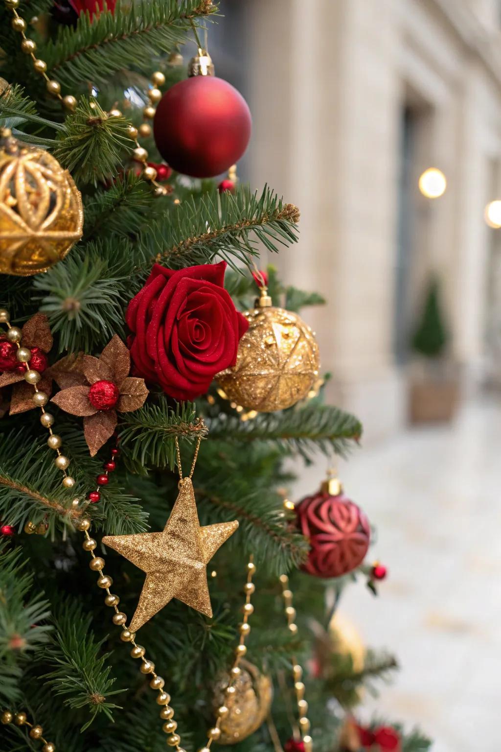 Unique red roses and gold stars bring personal flair to the tree.