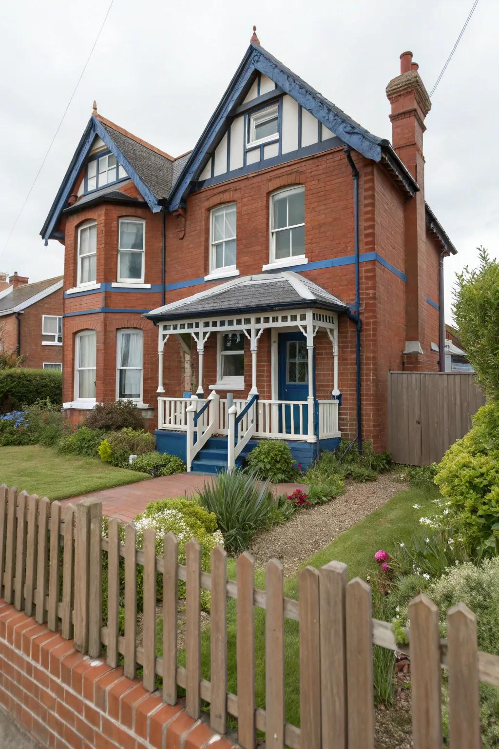Navy blue trim brings a captivating and rich contrast to red brick houses.