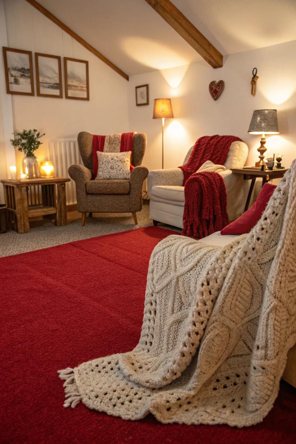 A cozy living room radiating warmth through a scarlet floor covering and gentle textures.