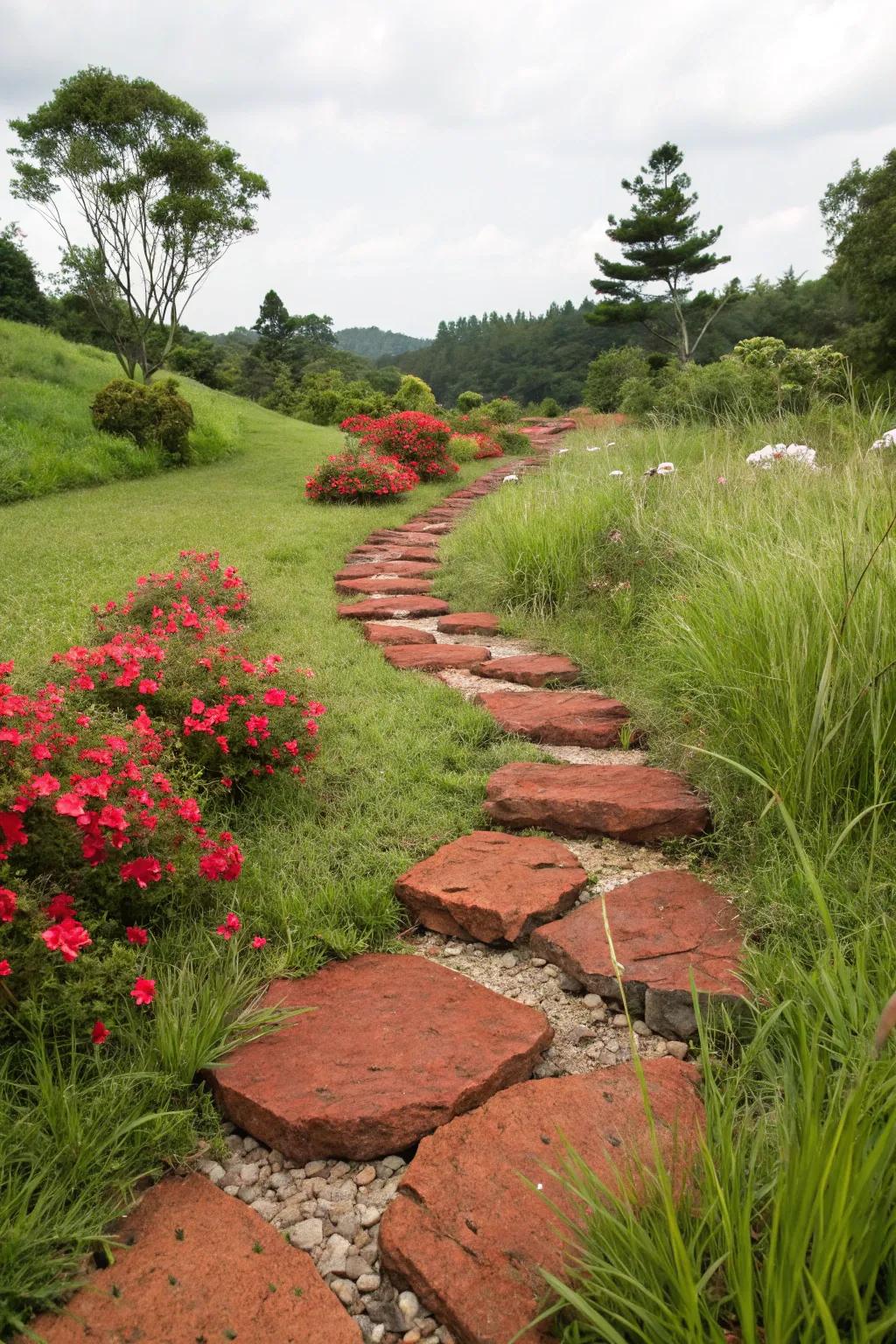 An enchanting route edged with scarlet volcanic stones and stepping stones.