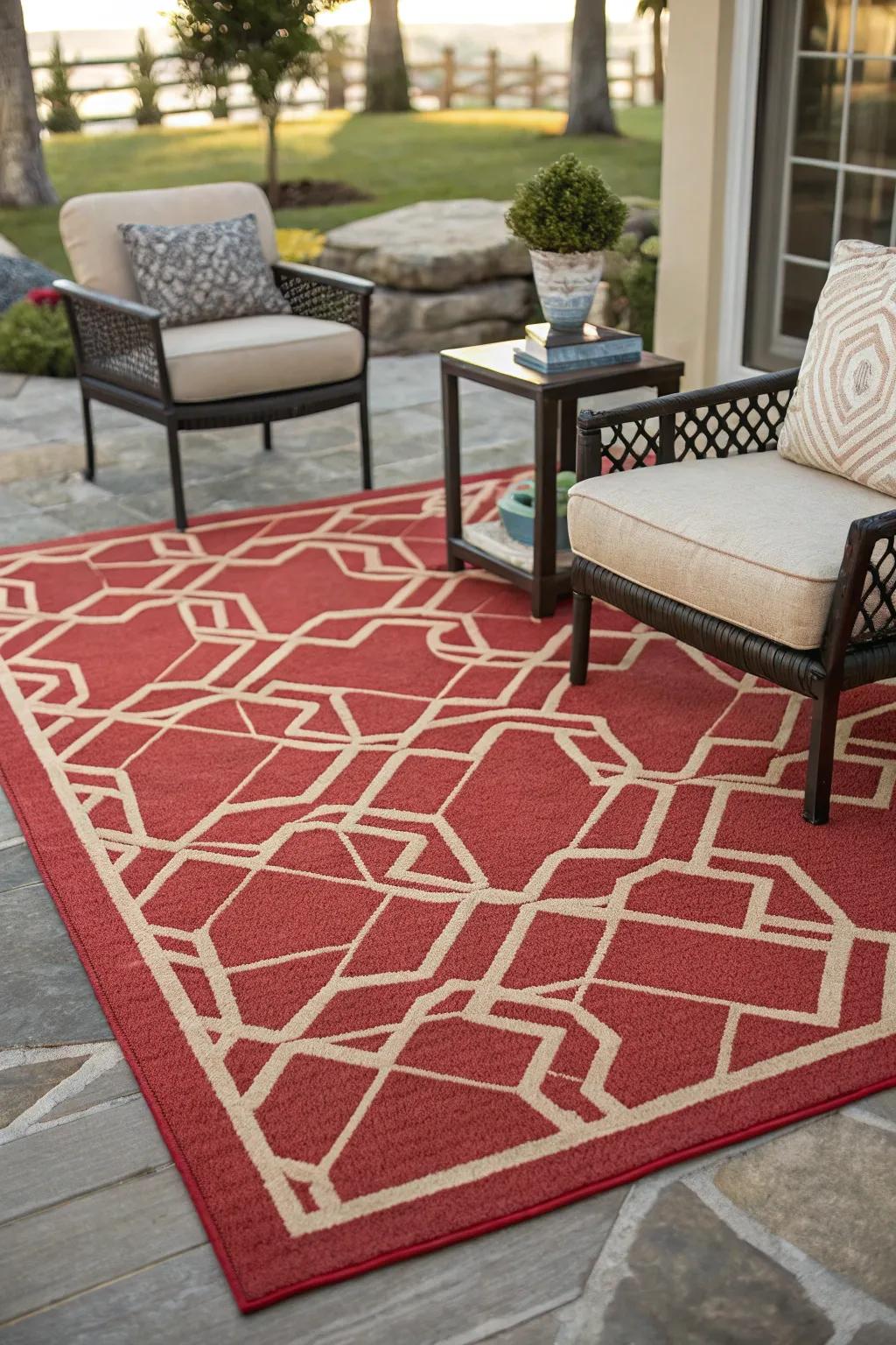 A geometric scarlet rug brings unity to the patio space.