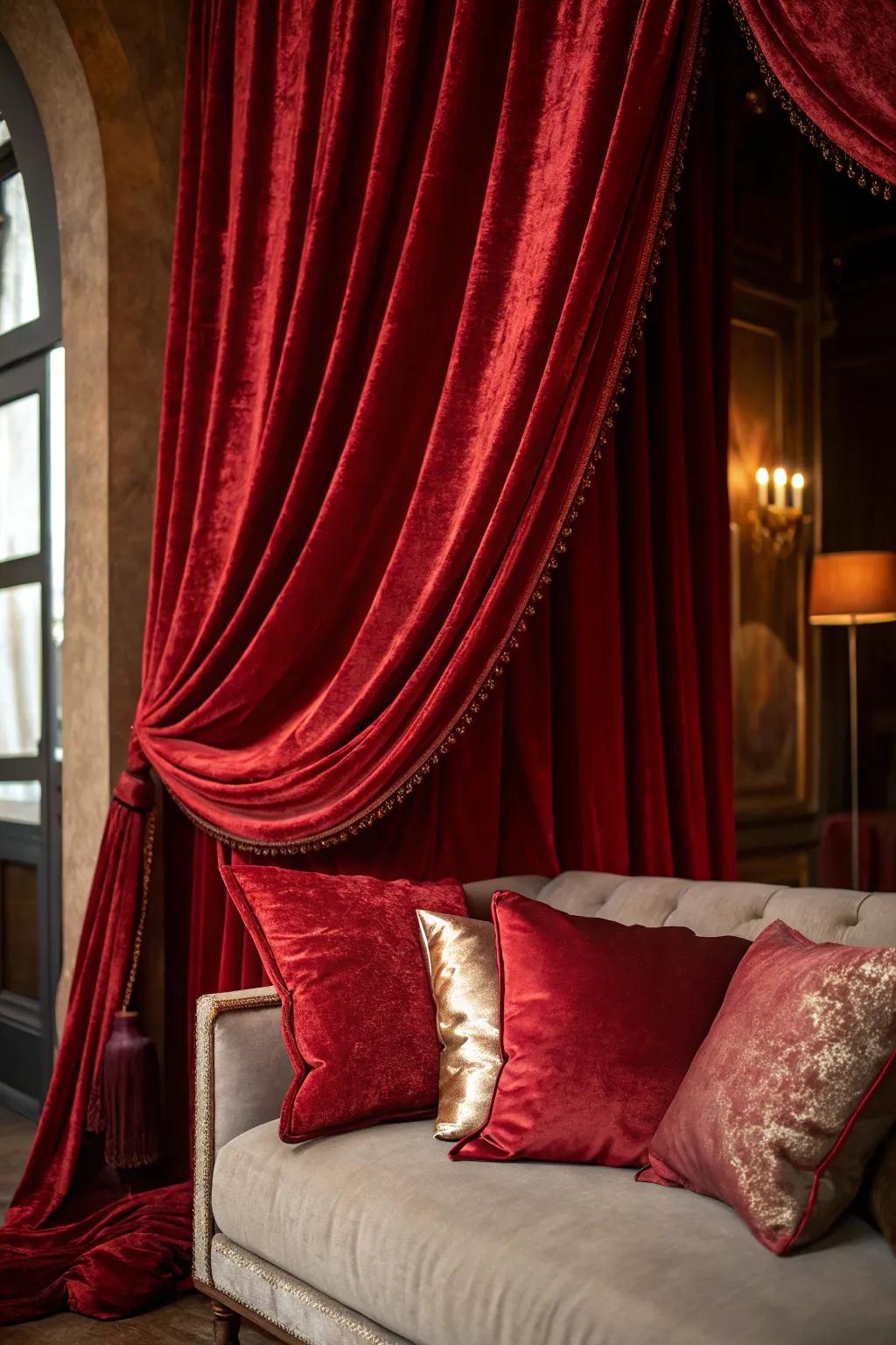 Velvet and silk textures in red shades craft a luxurious setting.