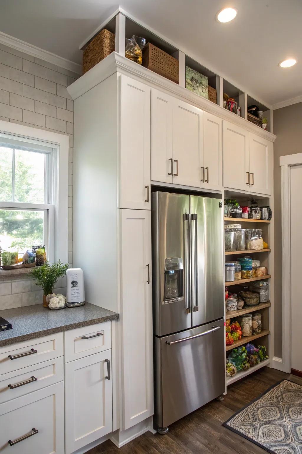 Leverage the space above the refrigerator using elegant overhead cupboards.
