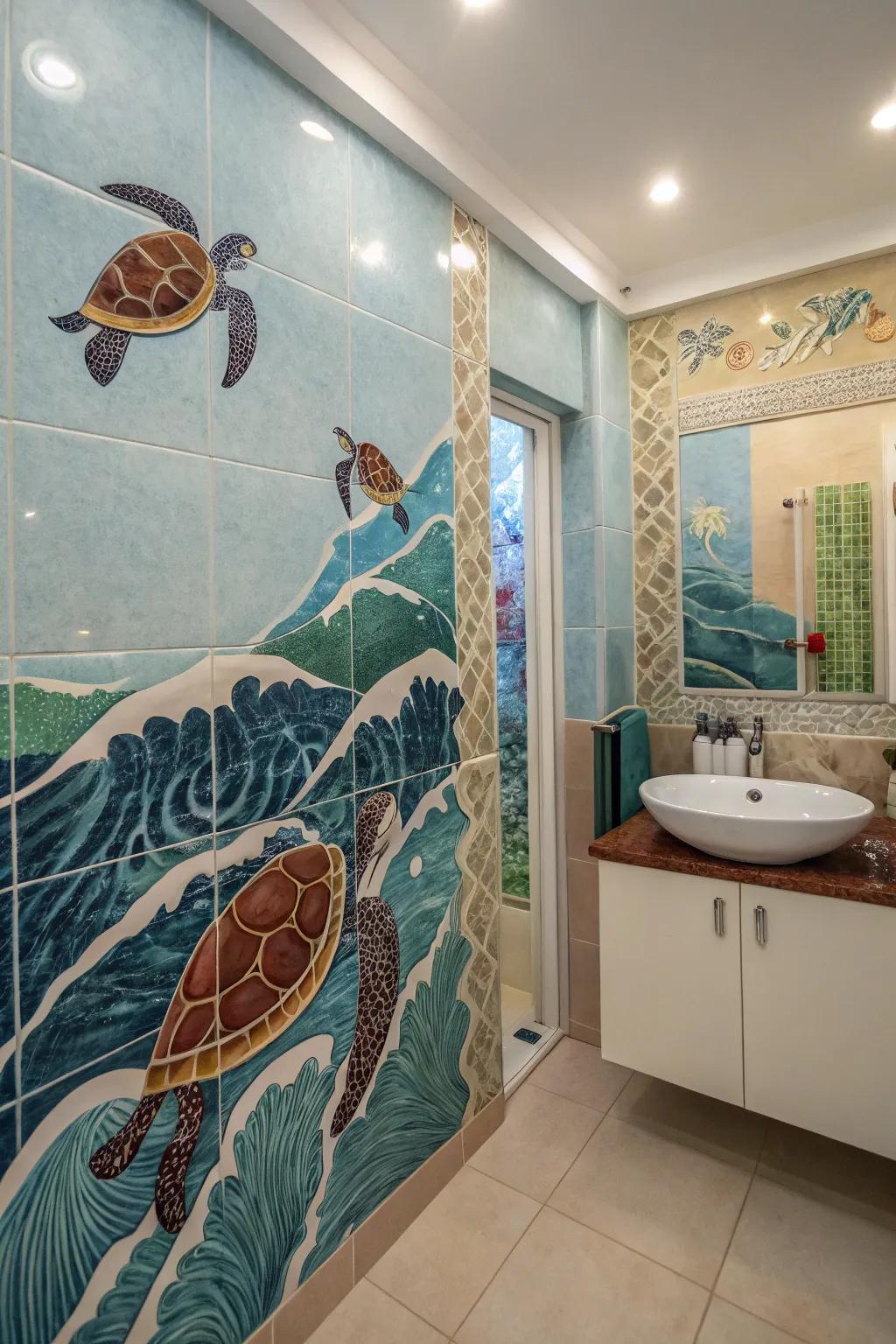 Ocean-themed tiles evoke a tranquil, beach-inspired ambiance in the bathroom.