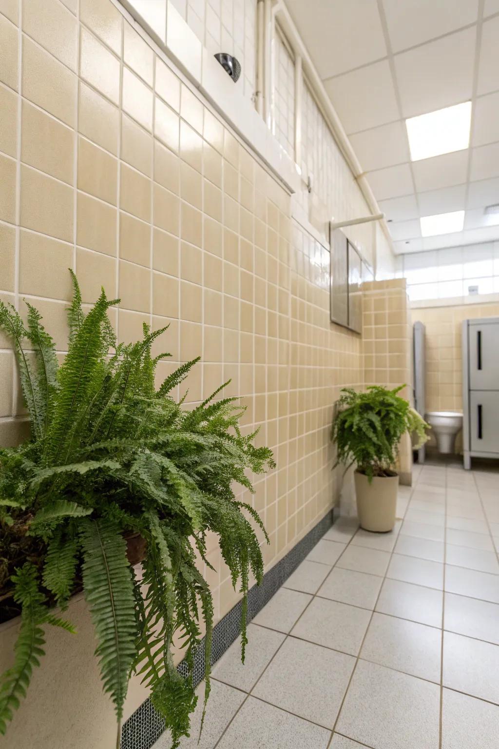 A hint of flora introduces freshness to the restroom's design.