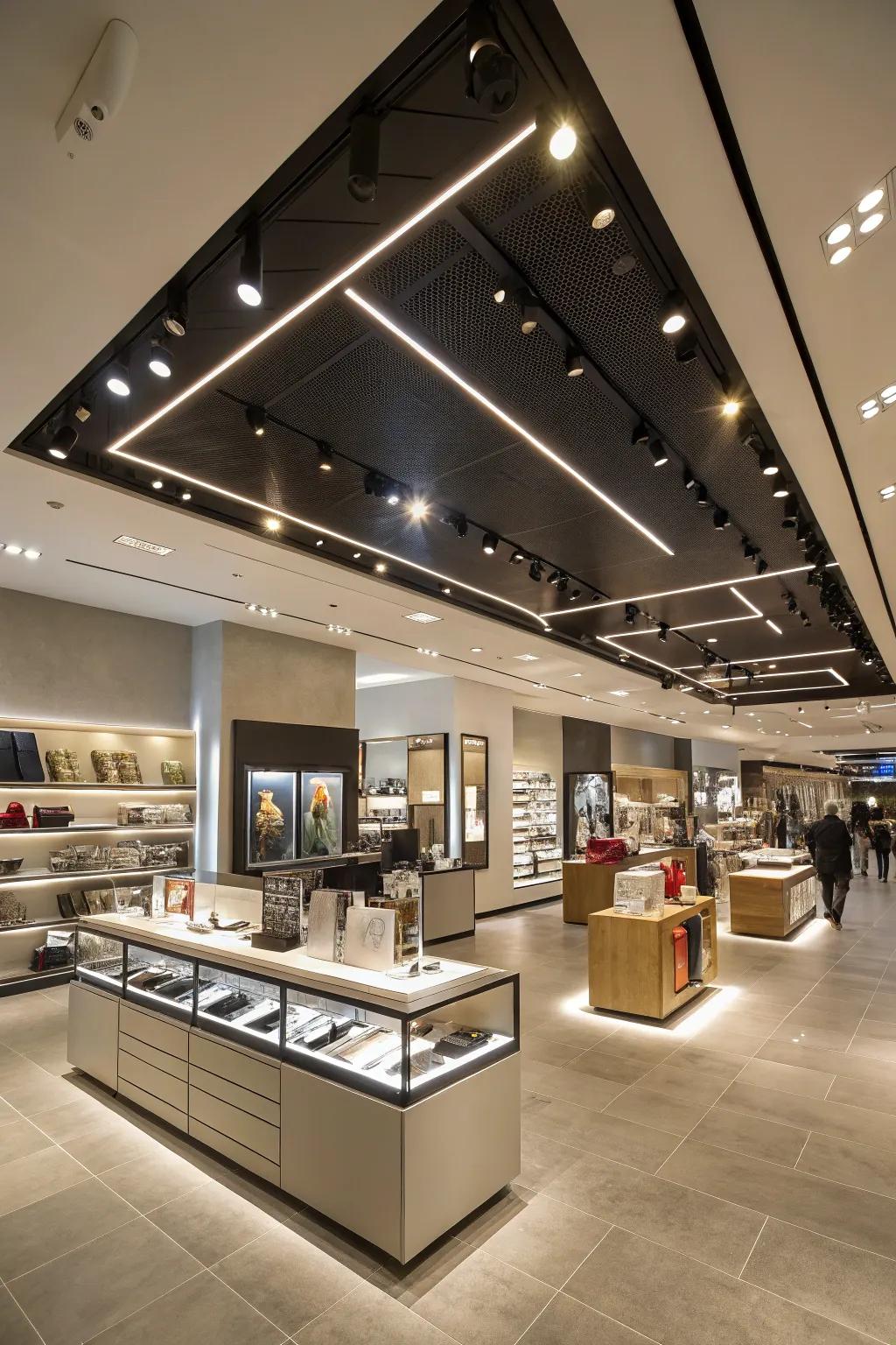 Integrated lighting enhancing the architectural sophistication of the store.