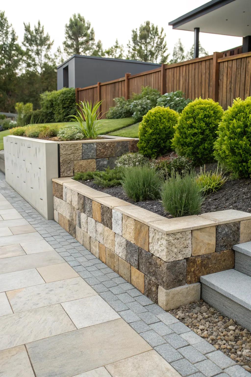 Patterned and colored garden border blocks give a modern feel to a garden.