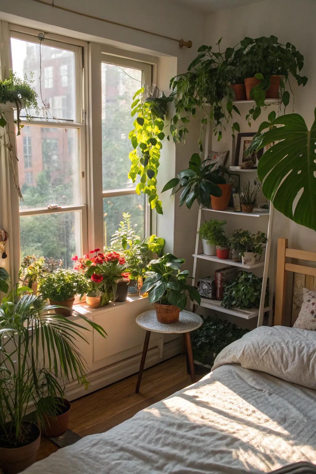 Greenery adds life and energy to a snug bedroom.