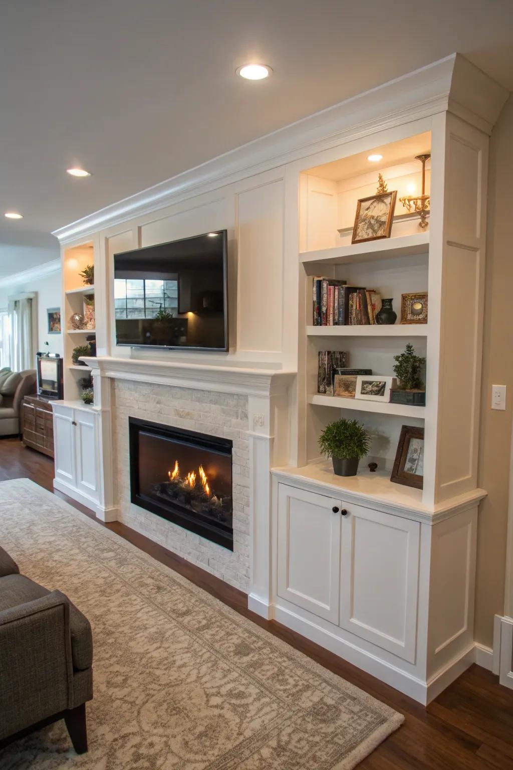 A media hub integrated with a fireplace keeps the living area stylish and organized.