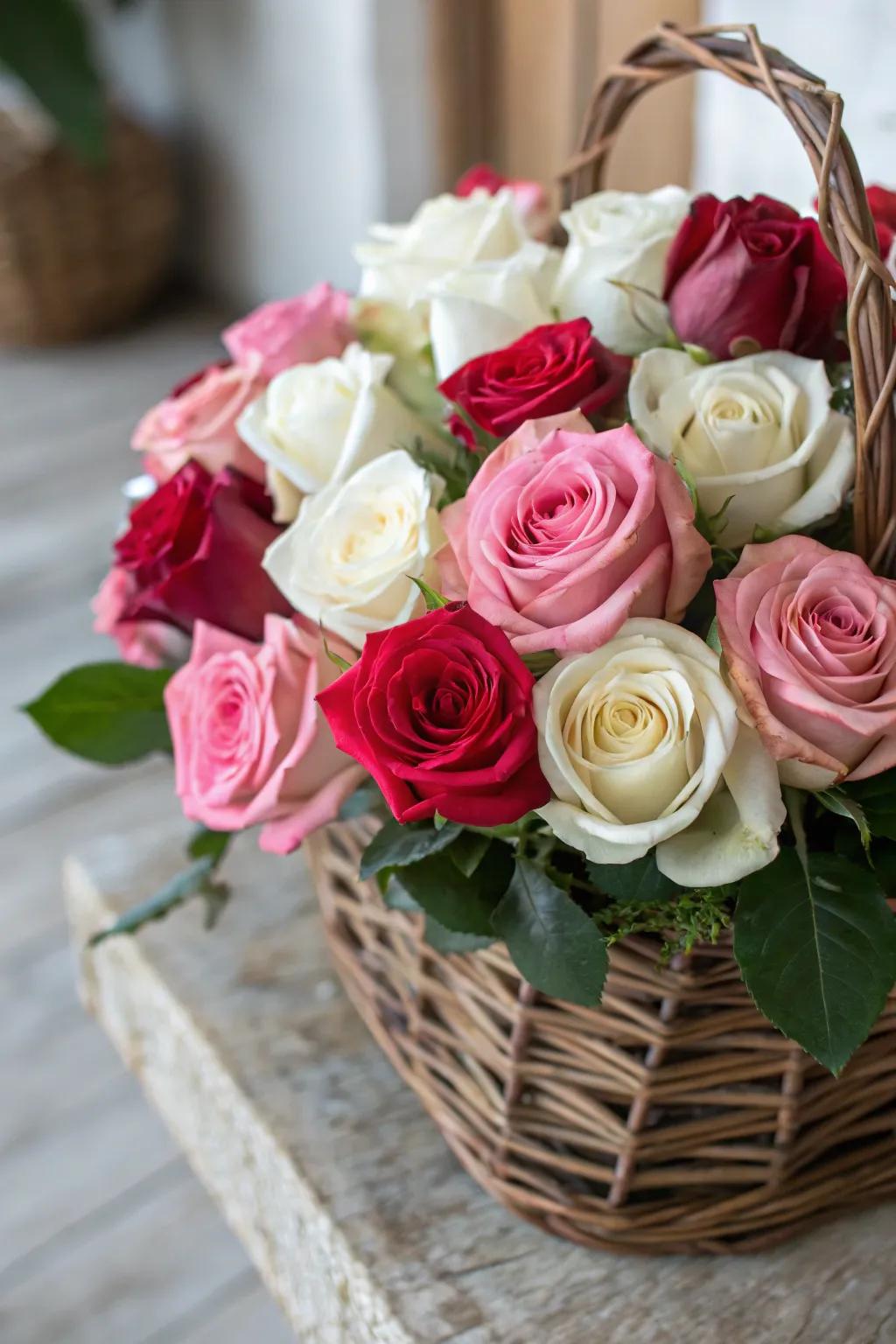 A playful medley of rose shades nestled in a charming basket.