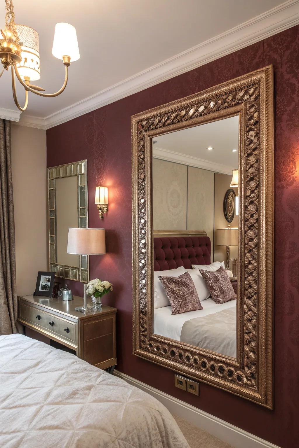 A luster enframed reflector enriches the room’s sophistication and sense of openness.