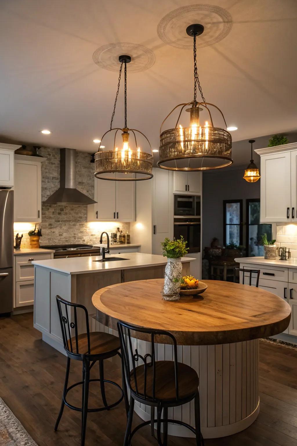 Suspended lighting that adds refinement and draws attention to a circular kitchen island.