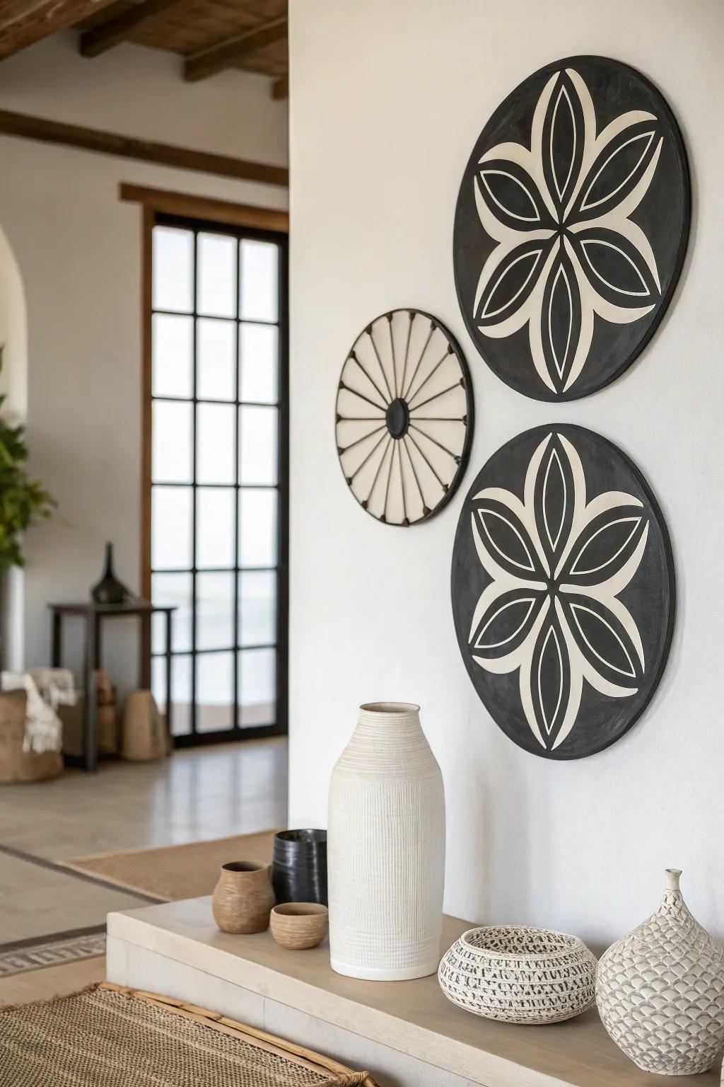 Essentialist interior featuring black and white round wall decorations for a polished impression.
