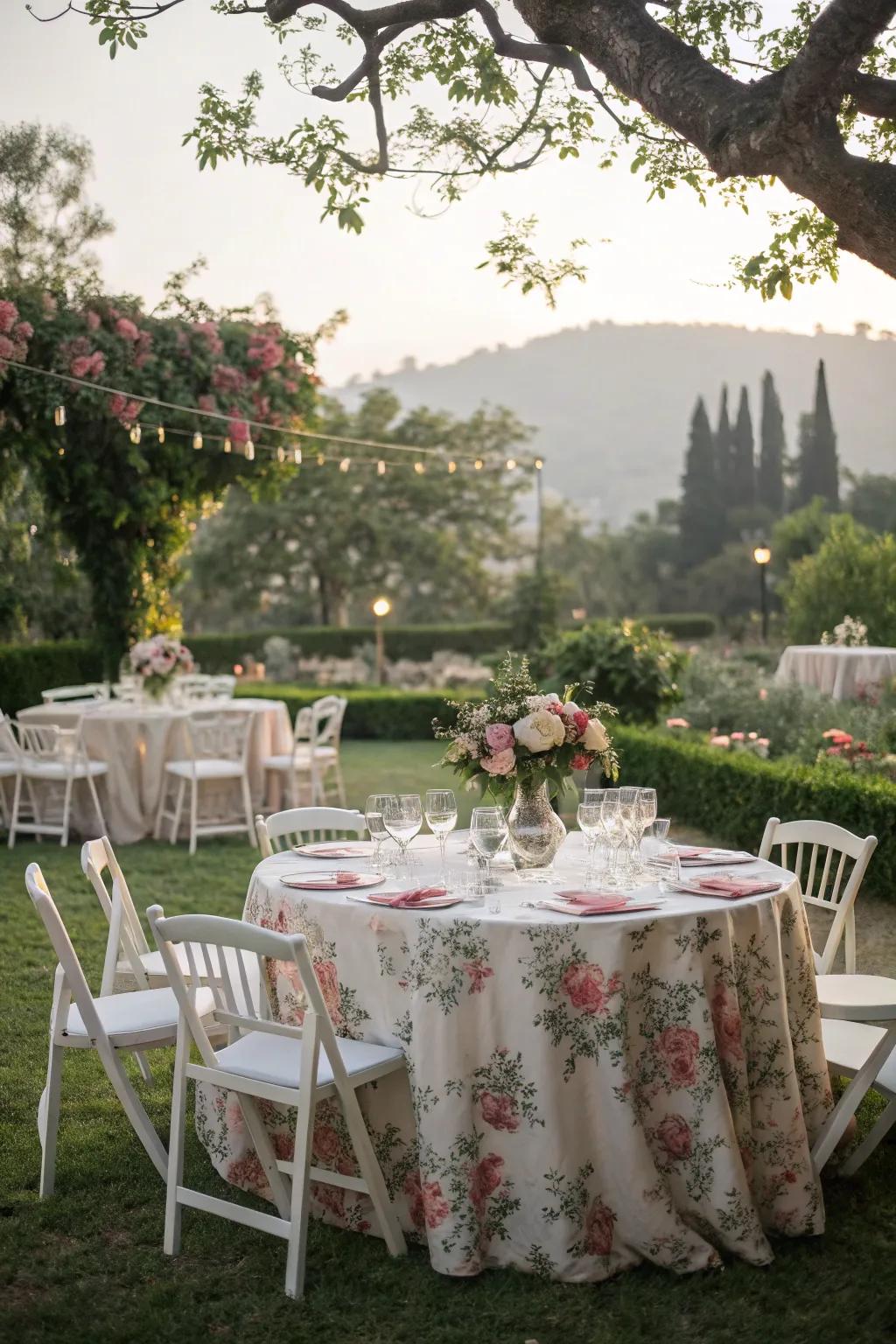 Botanical design table covering infusing whimsy into a garden nuptial.