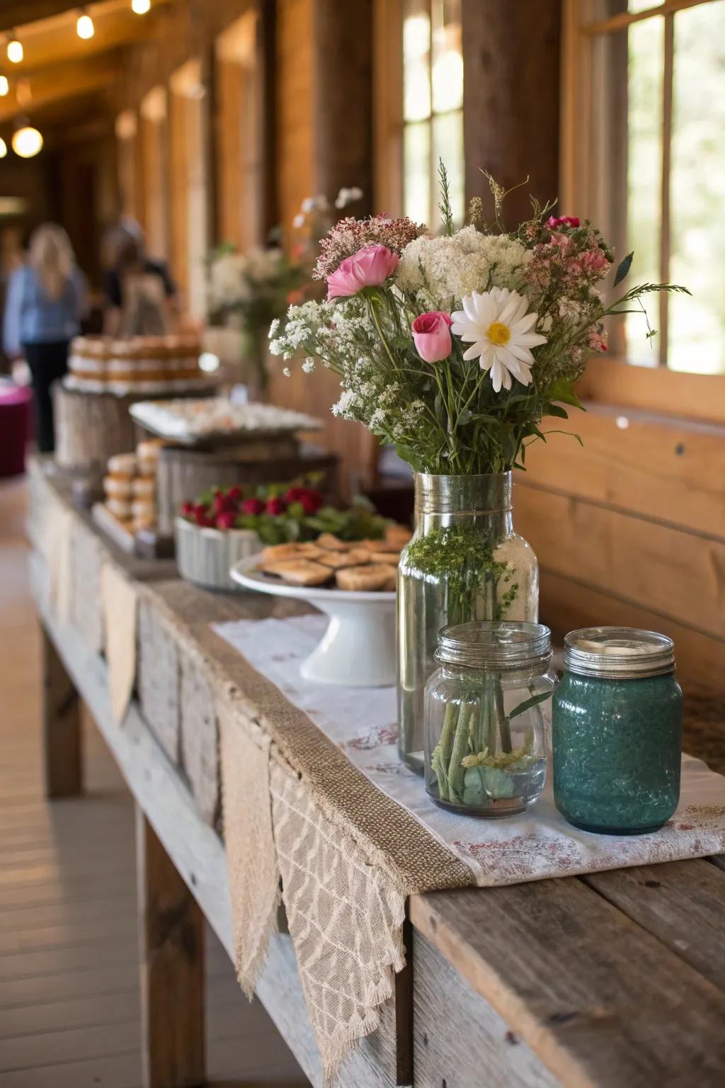 Storage jars contribute a lovely, country-style touch to the buffet table decor.