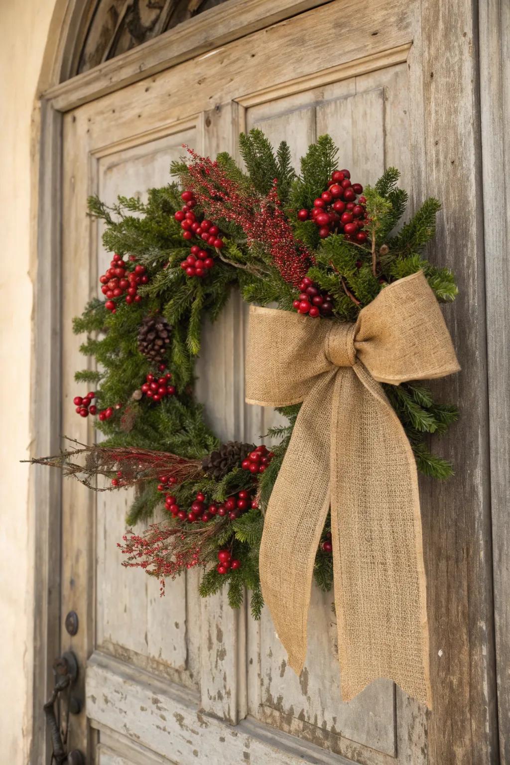 A burlap bow adds rustic charm to this festive wreath.