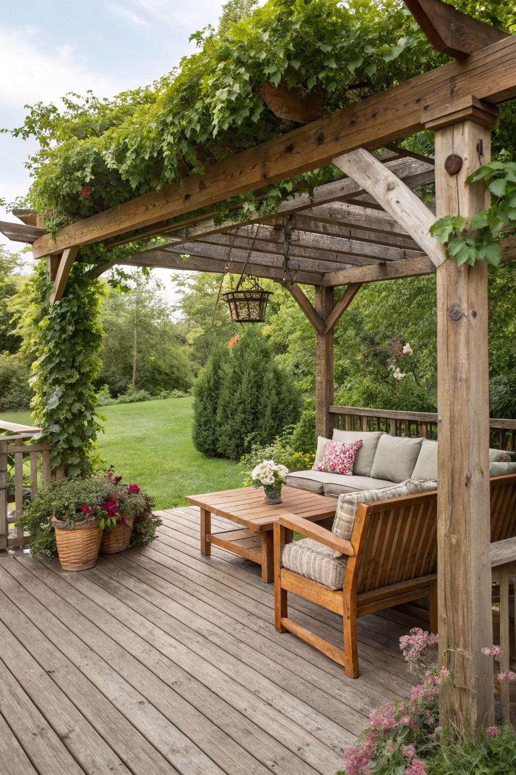 A wood trellis offers shade and style to this outdoor area.