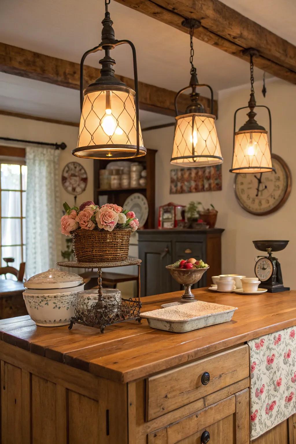 A countryside kitchen island embellished with vintage lighting and ornamental features.