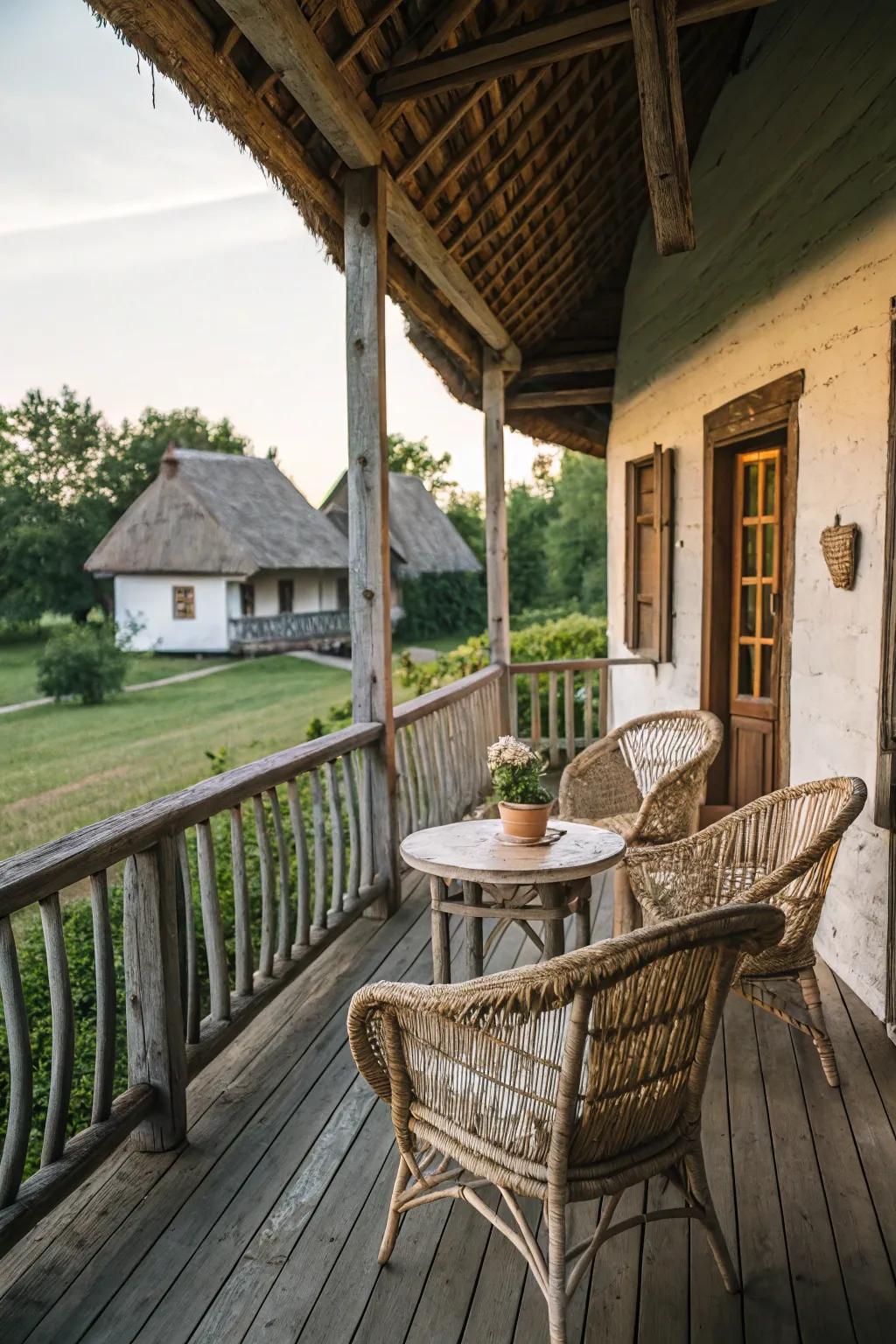 Plaited furnishings offer an inviting feel to this rustic porch.