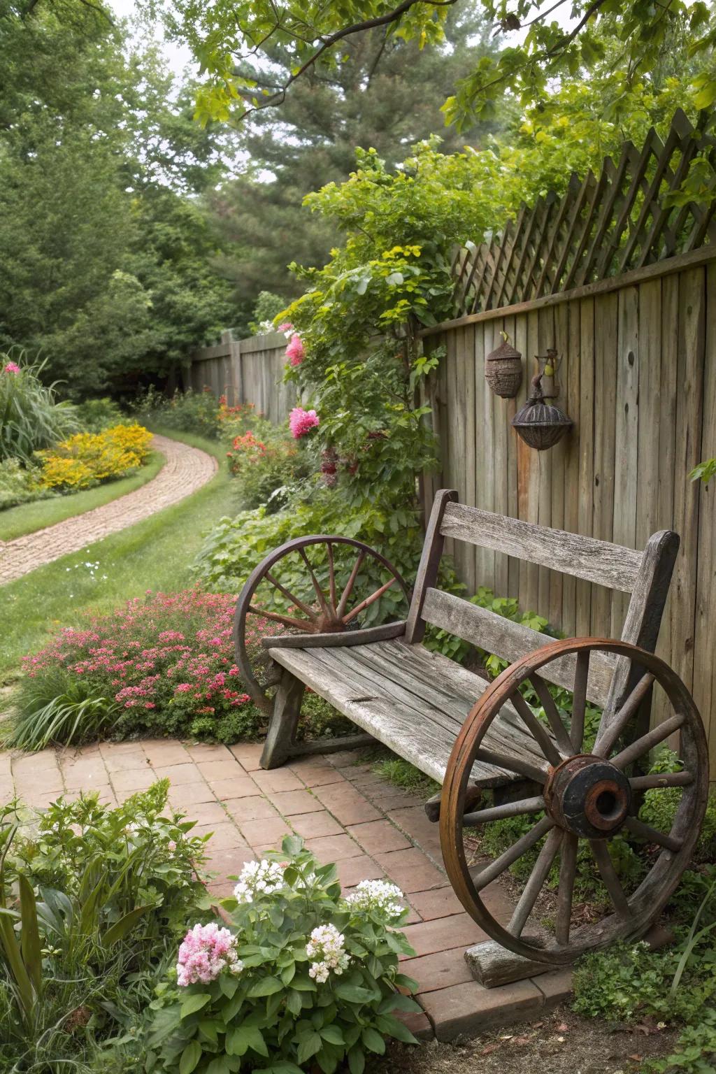 A garden seat with cart wheels contributing a vintage flair.