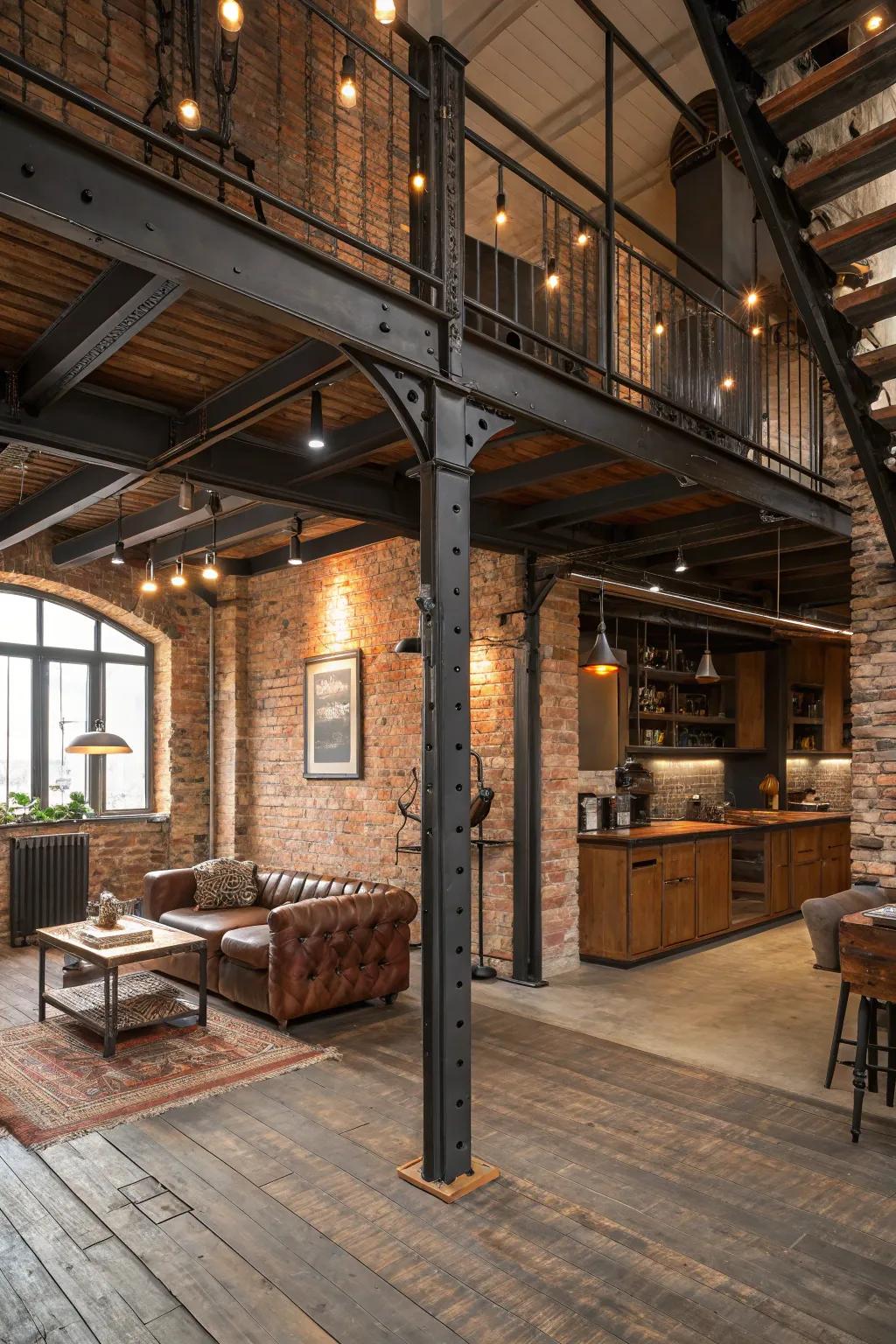 Metallic components can anchor your rustic loft with a touch of workshop-esque sophistication.