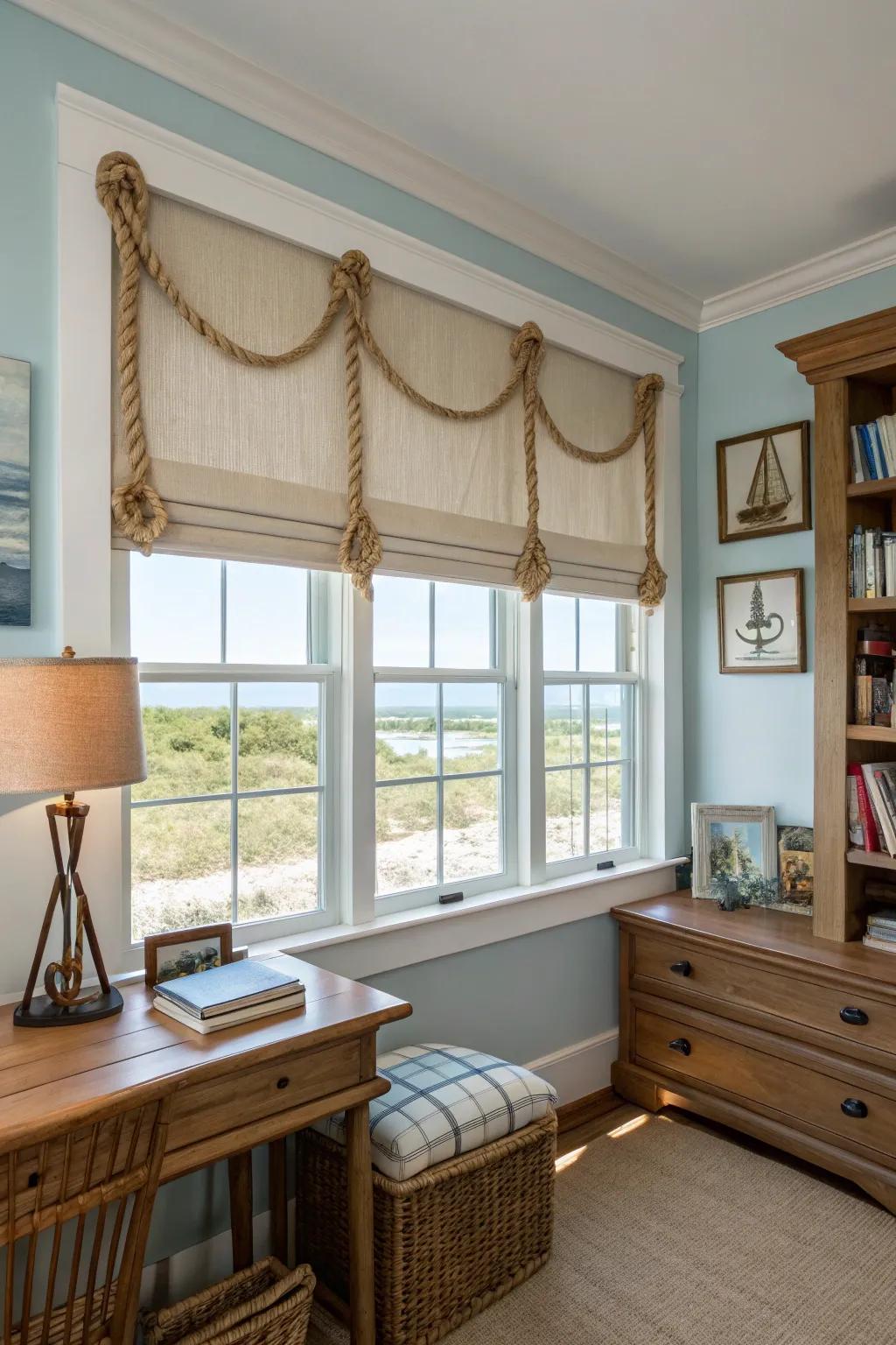 A coastal-inspired study featuring an unrefined valance accentuating string particulars, incorporating a marine-inspired charm.