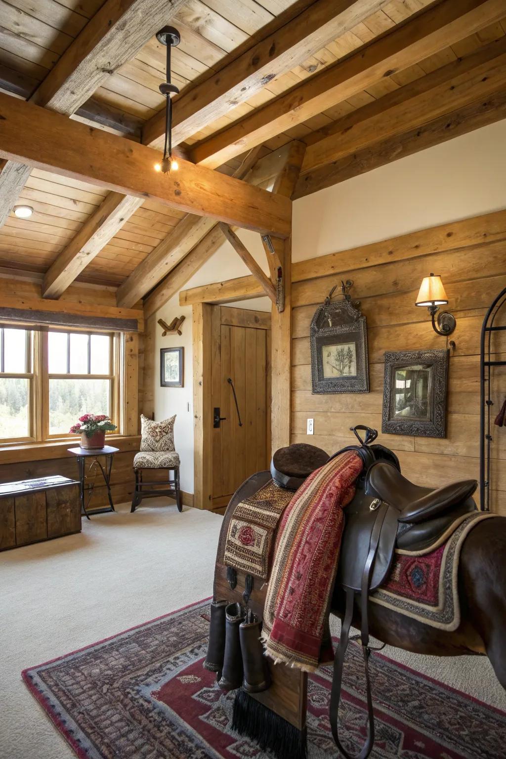 This Western-inspired area flawlessly combines countryside components with equestrian decor.