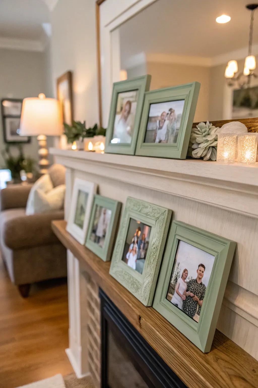Sage green frames emphasize beloved memories elegantly.