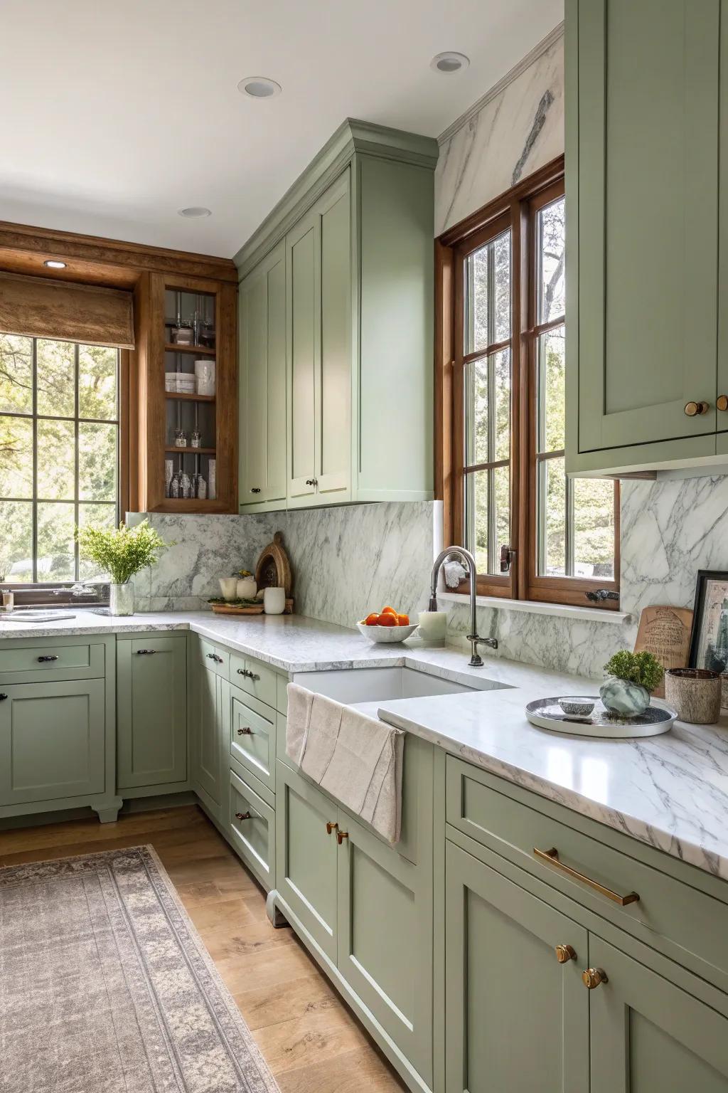Marble worktops deliver an exquisite contrast to green tea cabinets.