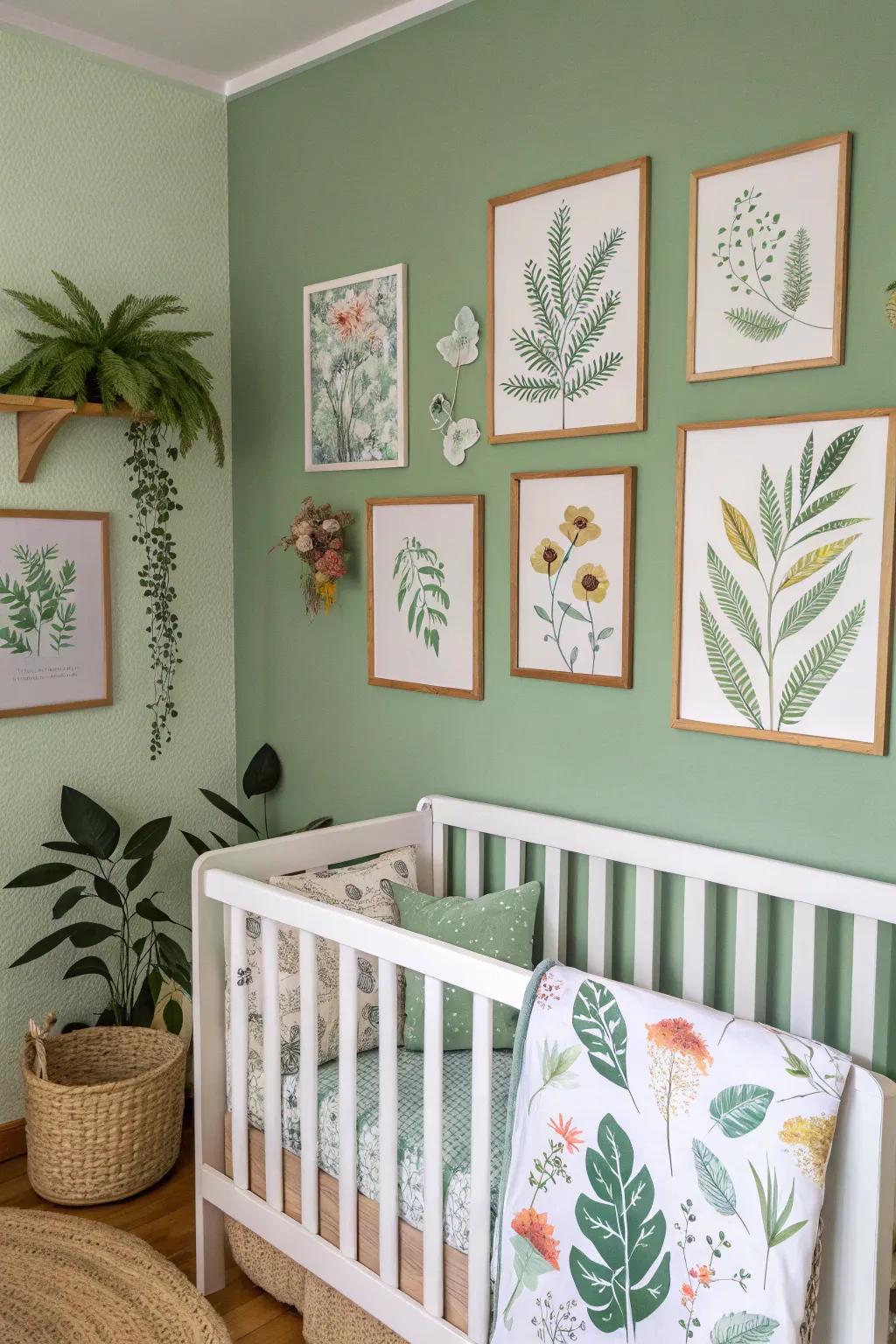Nature-inspired wall art enhances the calming theme of a soft leaf green nursery.