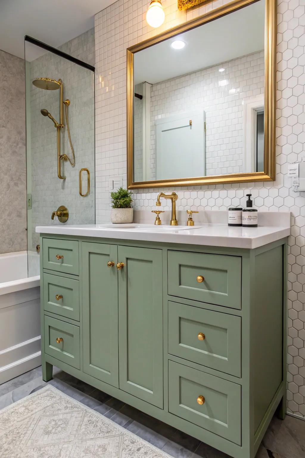 A stylish bath space showing a willow tint vanity complimented by gold style fixtures.