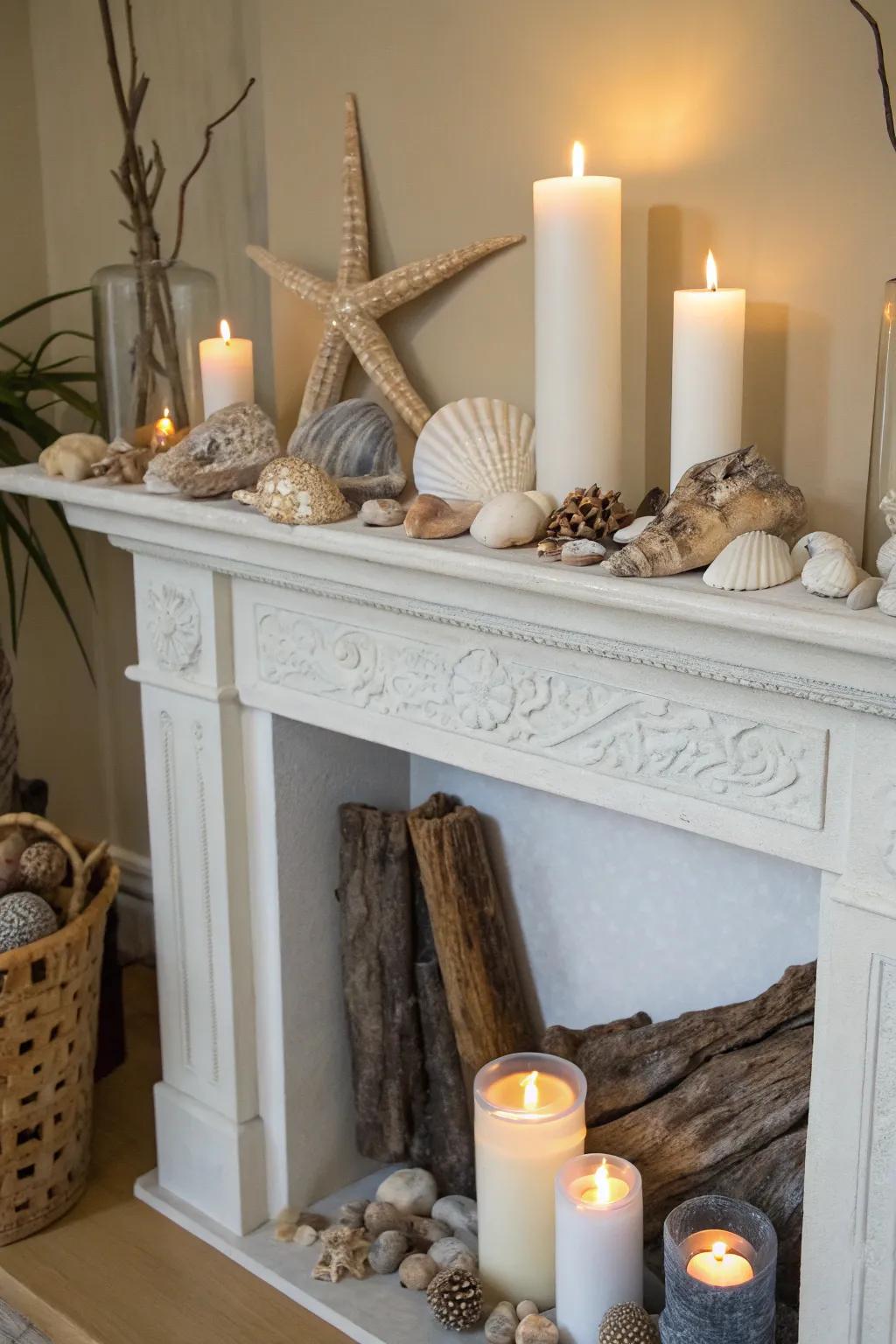 Seashells append a dash of seaside allure to an exquisitely styled mantel.