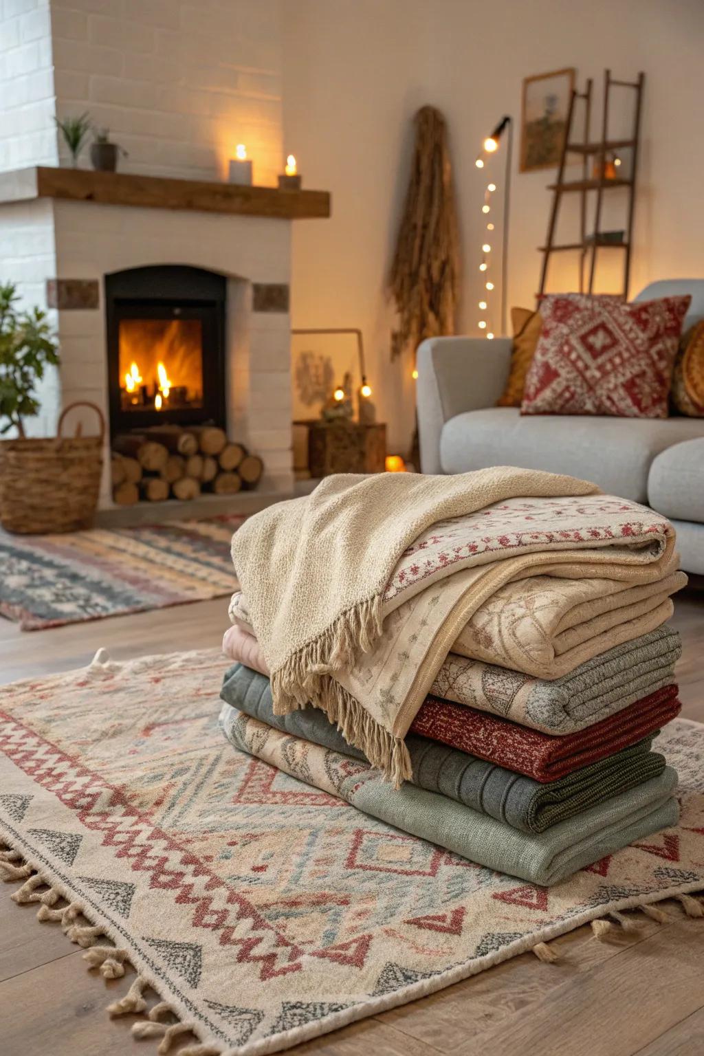 Overlaid rugs contribute warmth and delineate the seating vicinity surrounding the fireplace.