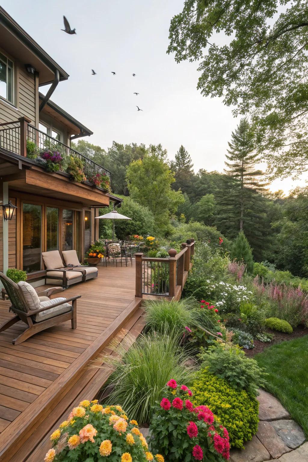 A deck that mirrors a natural extension of the garden, harmoniously blending with its environment.