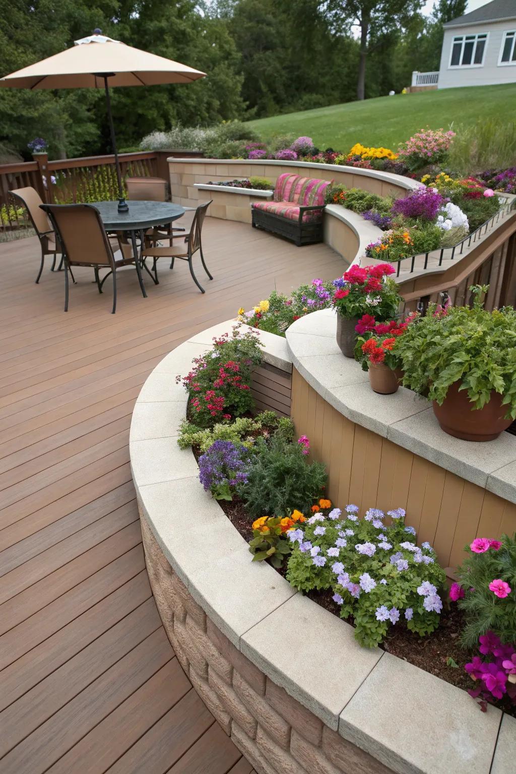 Planters and blossoms inject vibrancy into your semi-circle patio.