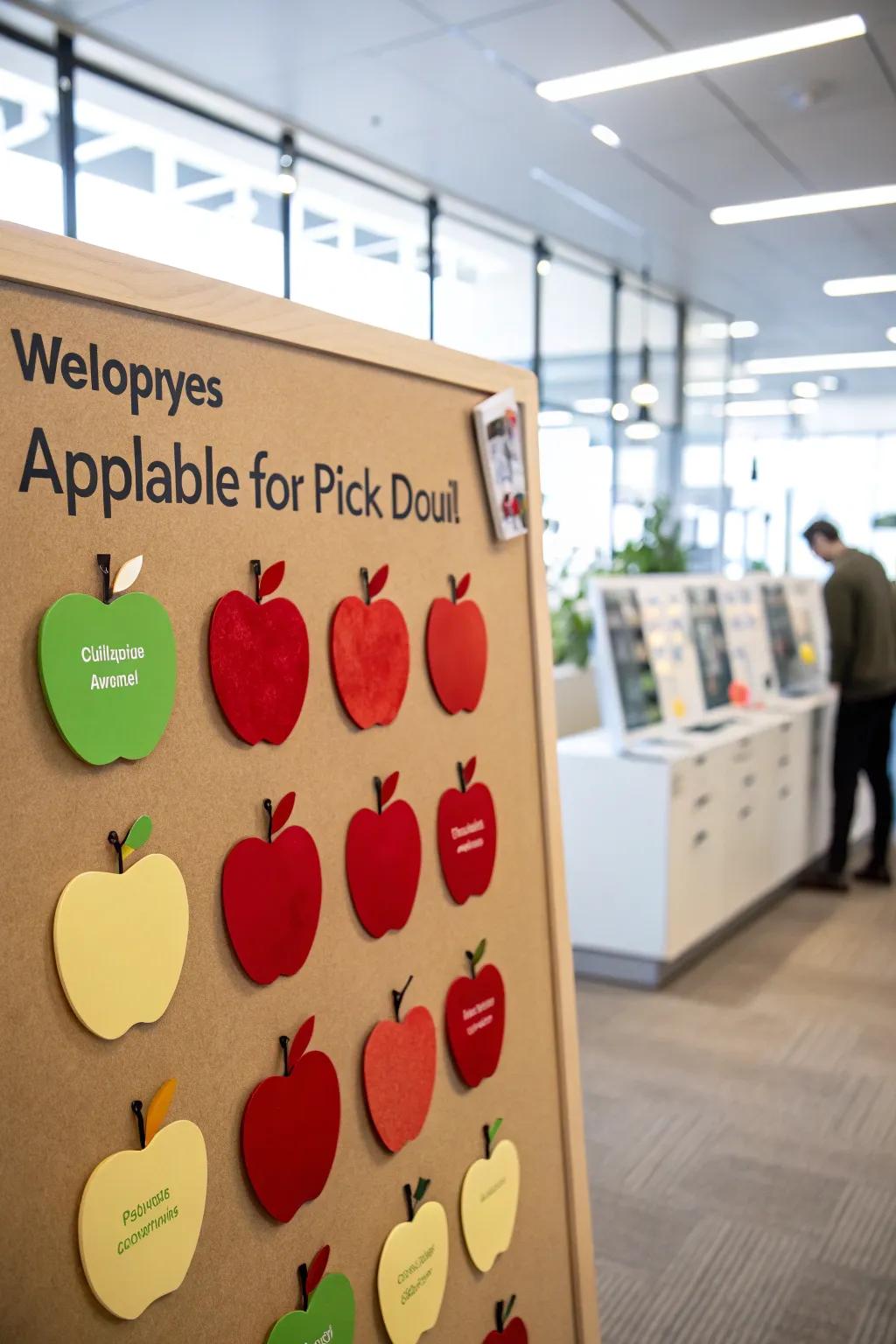 An interactive apple picking board featuring tasks concealed within apple cutouts.