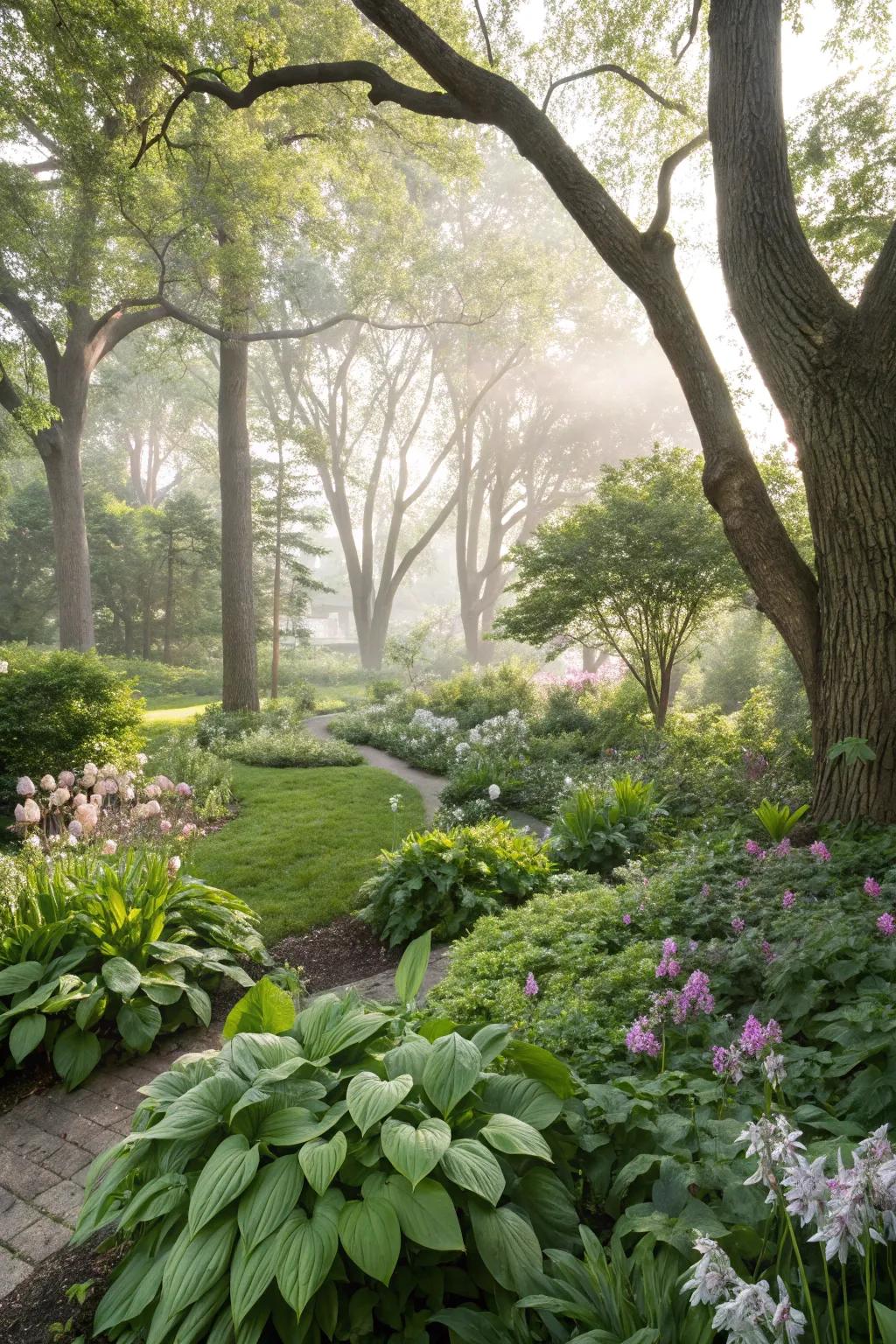 A shade garden merging into a pristine wooded environment.