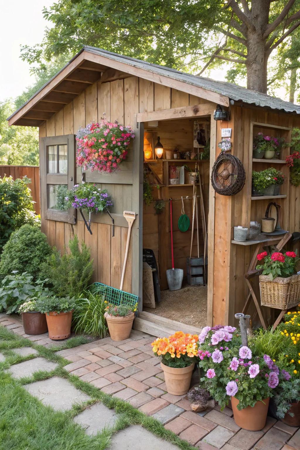 A gardener's paradise featuring plants and tools as décor in a shed.