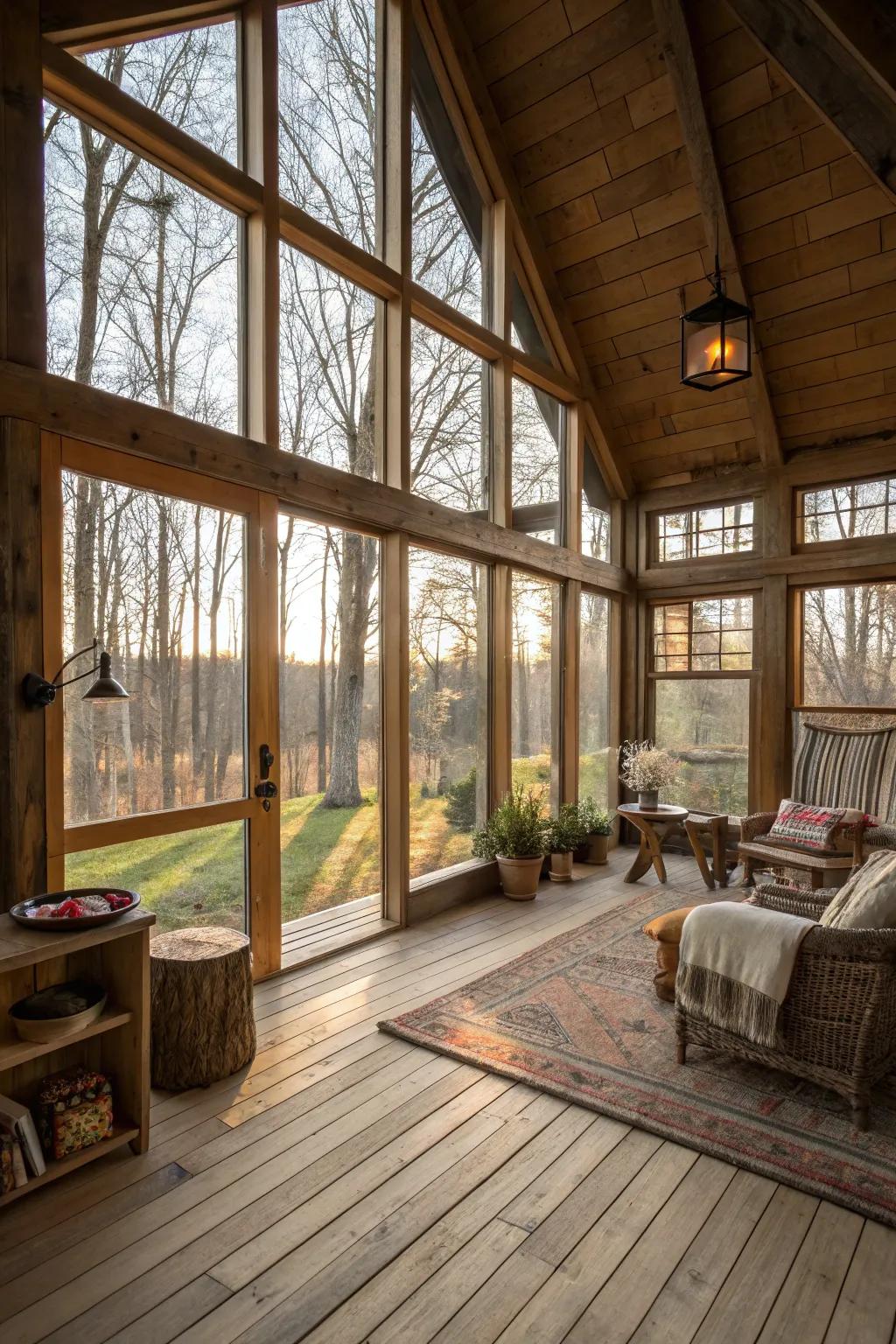 An airy shed home interior with large windows that allow plentiful light.