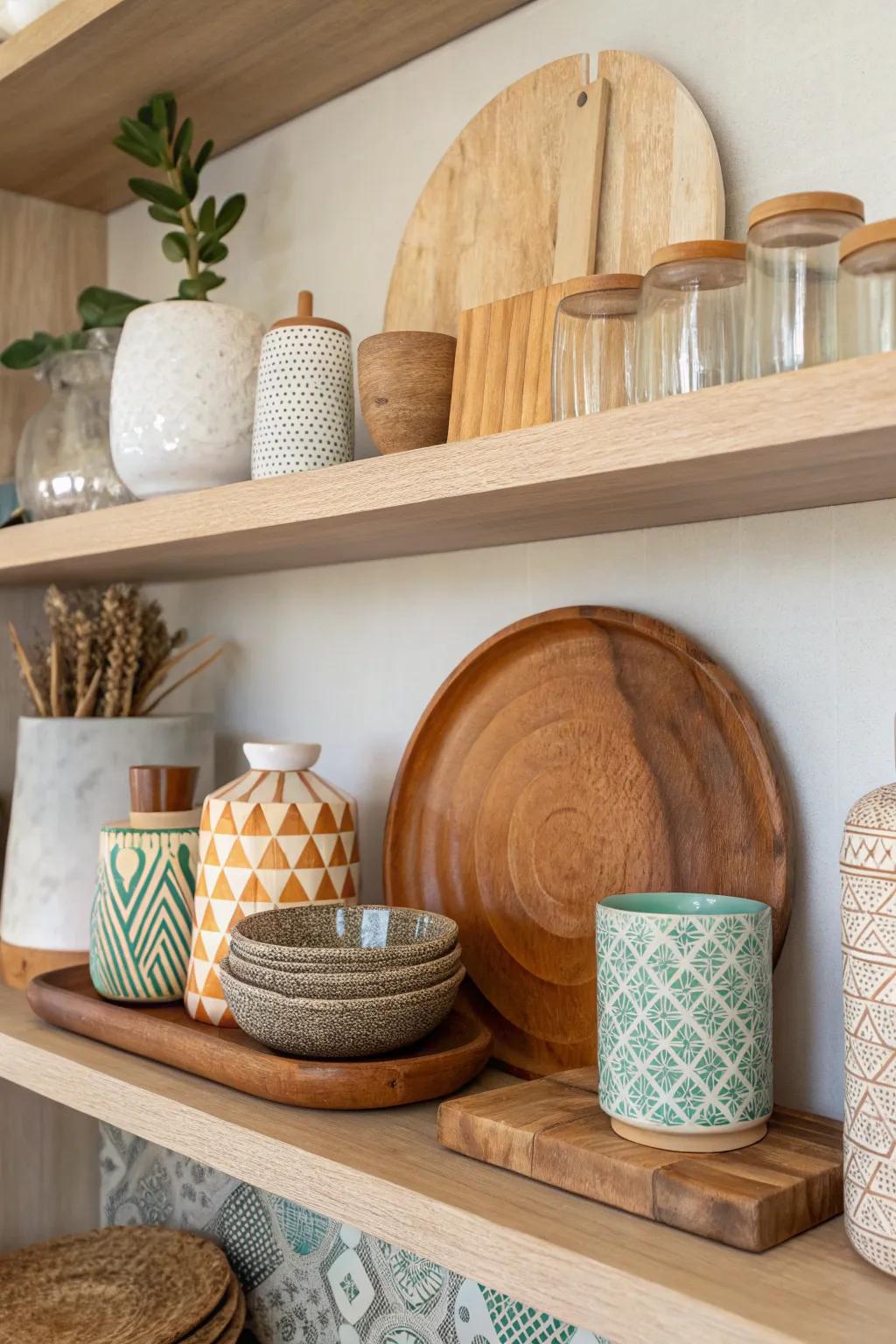 A fusion of wood, glass, and ceramic objects enriches the shelf with texture.