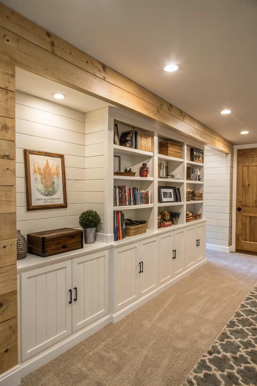 A paneling statement wall presenting built-in shelves elevates this basement.