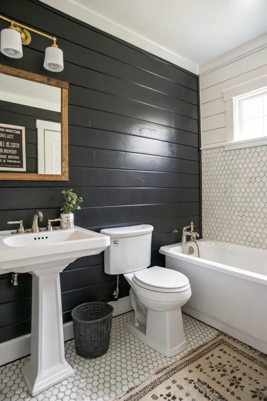 A bathroom featuring a jet plank-clad highlighted wall for a daring appearance.