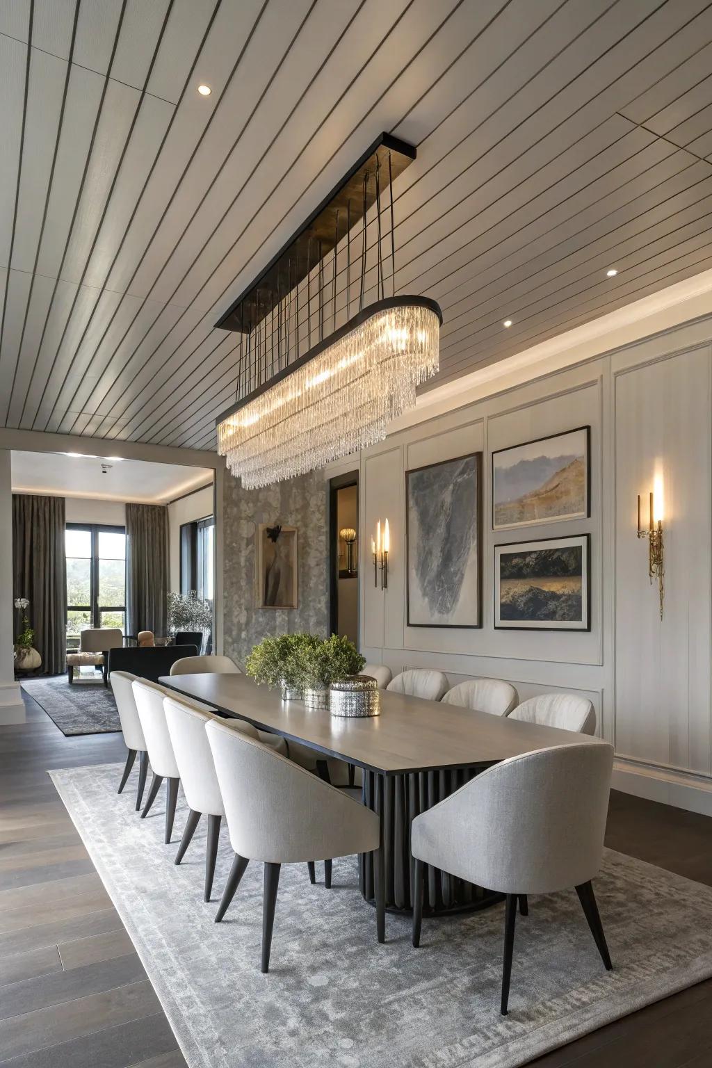 A vertical shiplap ceiling introduces a modern twist to the dining space.