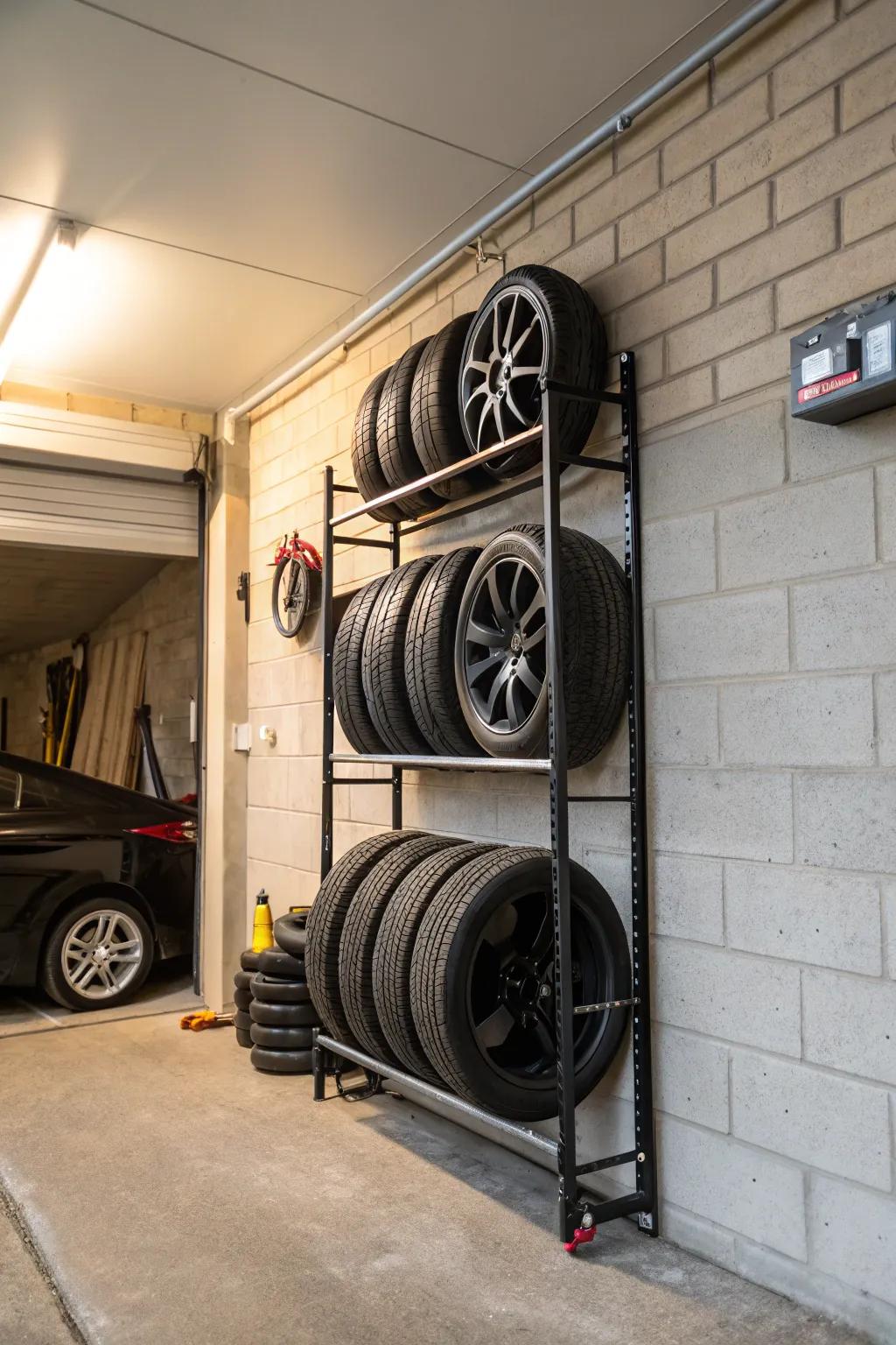 A wheel holder attached to a garage wall.